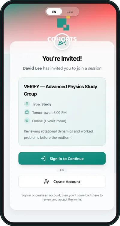 COHORTS Invites, phone mockup preview