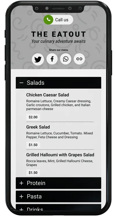 Food/Beverage Menu Creator, phone mockup preview