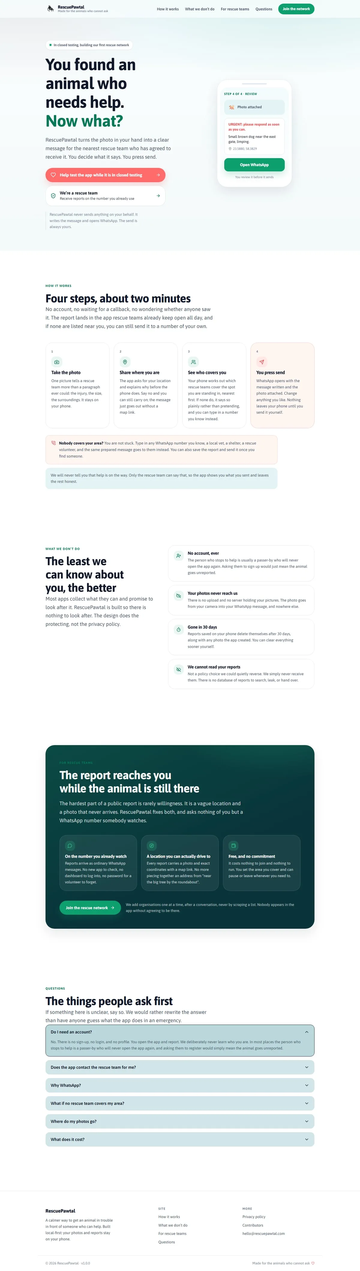 Full-page screenshot of the RescuePawtal website