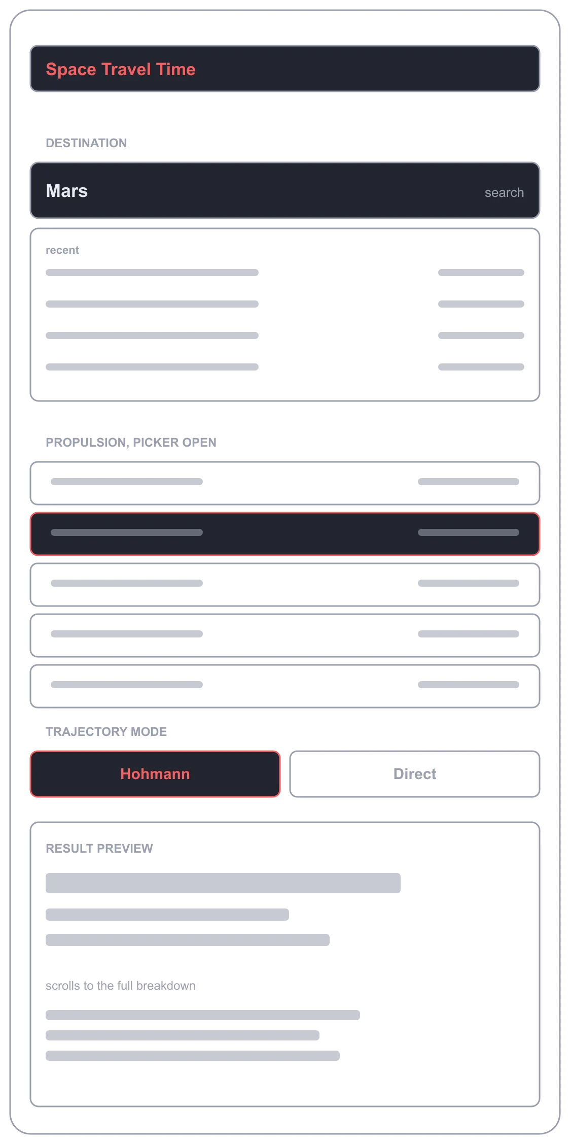 Space Travel Time, low-fidelity wireframe 1